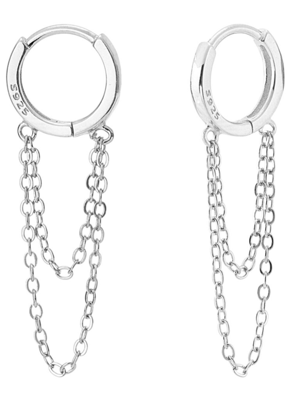 Stamped 925 Sterling silver huggie hoops W double chain dangles easy close latch